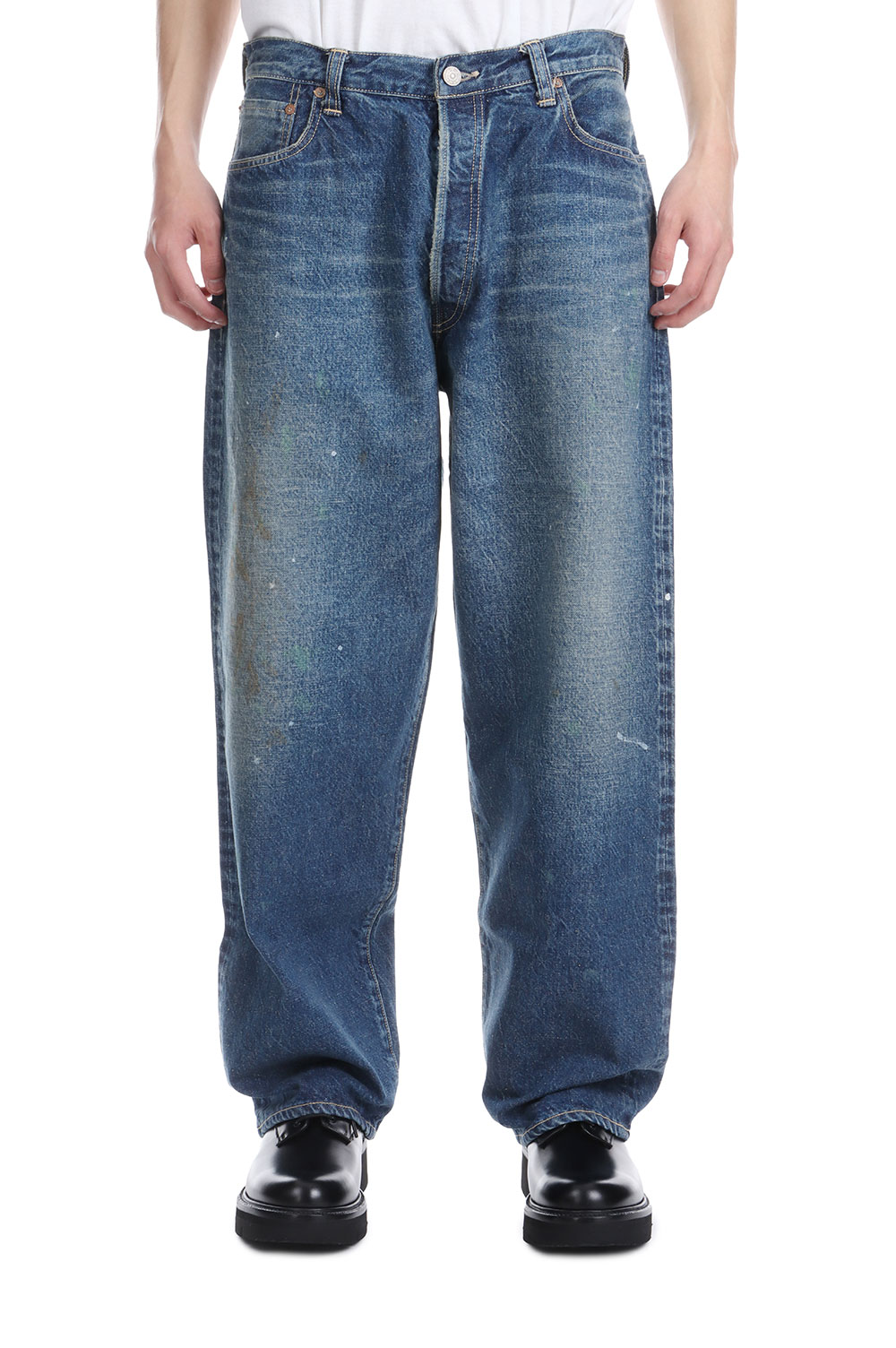 RECYCLED WASTE SUVIN COTTON YARN 14oz. DENIM 5POCKET WIDE PANTS VINTAGE WASHED - NAVY (GL42503H) Gold(ゴールド)