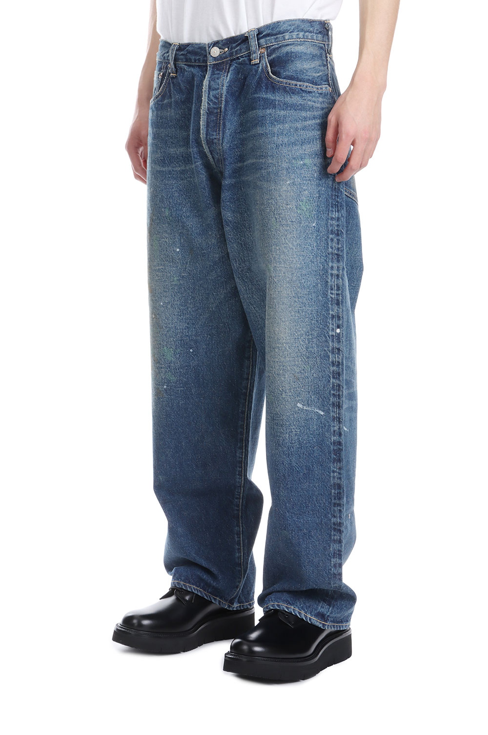 RECYCLED WASTE SUVIN COTTON YARN 14oz. DENIM 5POCKET WIDE PANTS VINTAGE WASHED - NAVY (GL42503H) Gold(ゴールド)