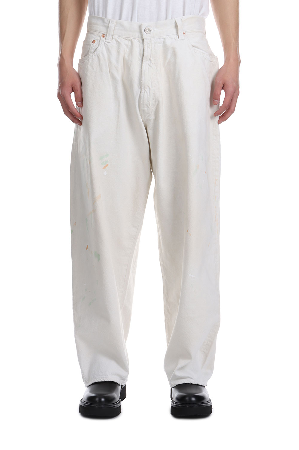 RECYCLED WASTE SUVIN COTTON YARN 11.5oz. DENIM 5POCKET WIDE PANTS (ZIPPER FLY) VINTAGE WASHED - OFF WHITE (GL42505H) Gold(ゴールド)