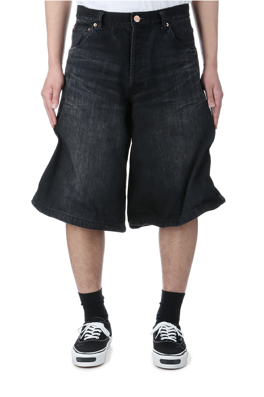 Rakuten - 【P10倍】Wire Denim Wide Bermuda Pants - BLACK (G14PT046) KAMIYA(カミヤ)