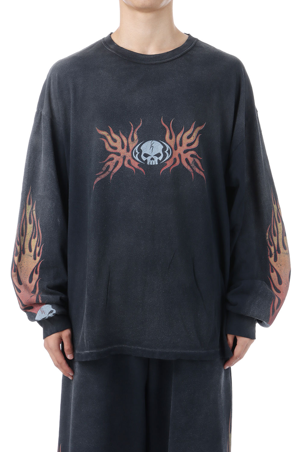 Skull Flame Distressed L/S Tee - BLACK (G15LT081) KAMIYA(カミヤ)