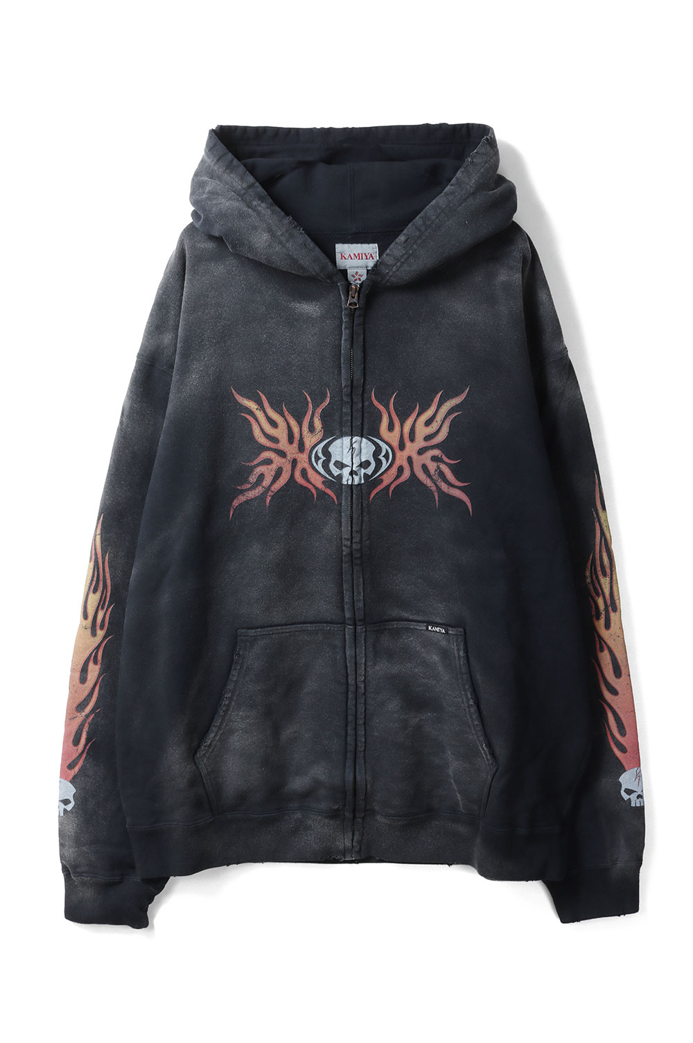 【P5倍】Skull Flame Distressed Zip Hoodie - BLACK (G15HD073) KAMIYA(カミヤ)