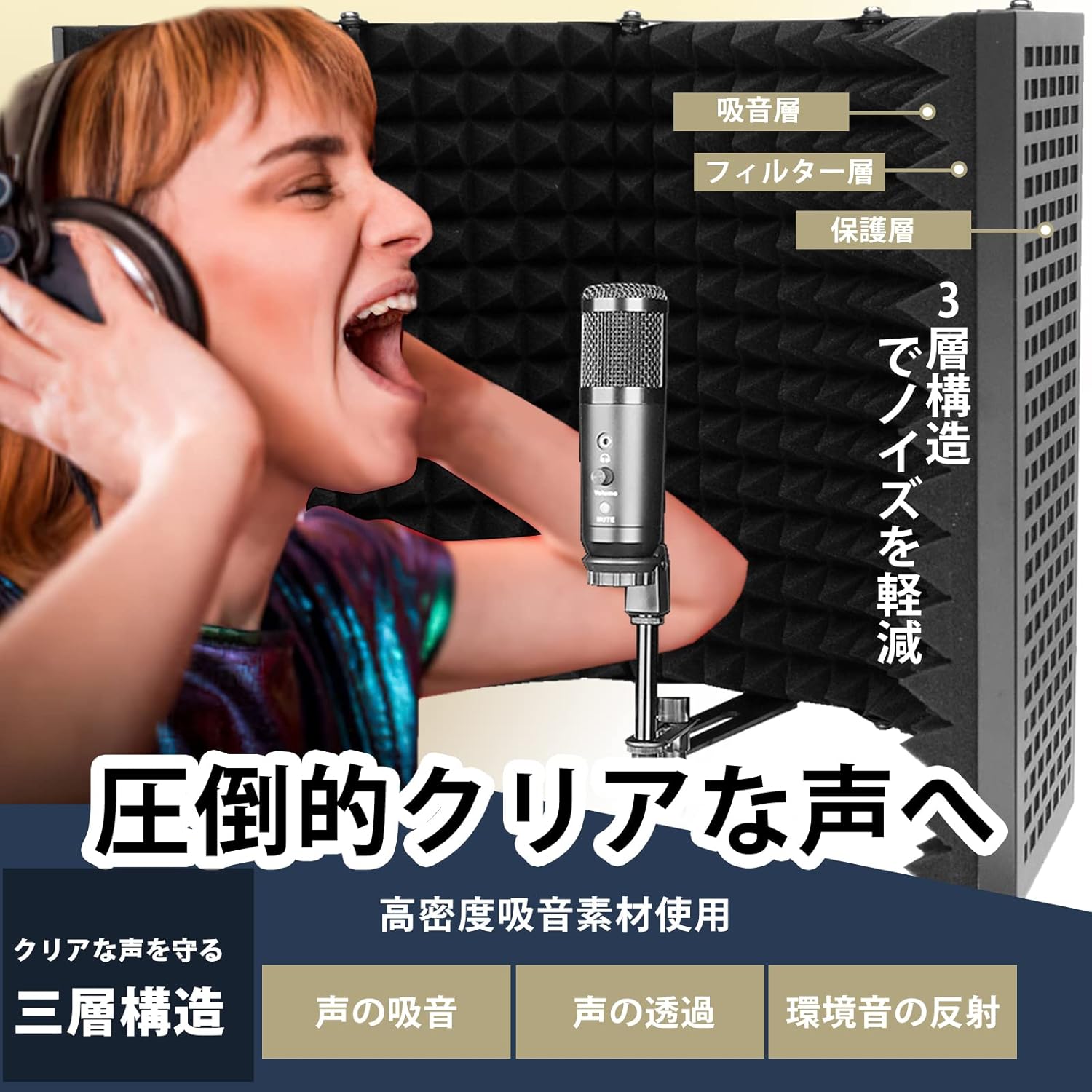 マイク分離シールド リフレクションファイルター 折り畳み式 防音シールド マランツプロ ボーカル録音・放送用リフレクション・フィルター 卓上設置 Sound Shield 録音吸音材 吸音材 マイク 吸音 防音 防音室 遮音 三層高密度 防音ボックス 録音放送 三つ折り 五つ折り