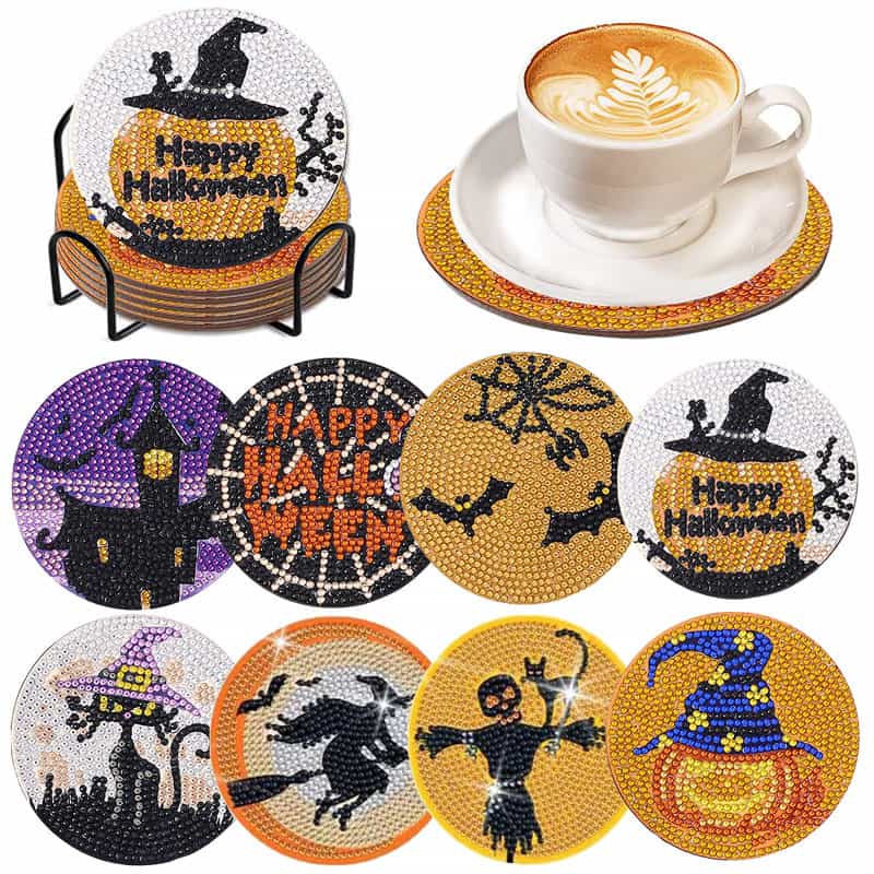 ハロウィン飾り 5Dダイヤモンドアート キット 8個セット DIY コースター 猫 かぼちゃん コウモリ カラ..