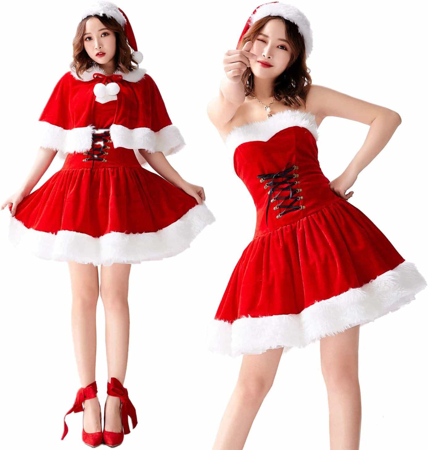 クリスマス コスプレ サンタ レディース 可愛い サンタコス 衣装 帽子 ケープ付き 2way クリスマス サンタクロース 仮装 コスチューム 大きいサイズ 演...