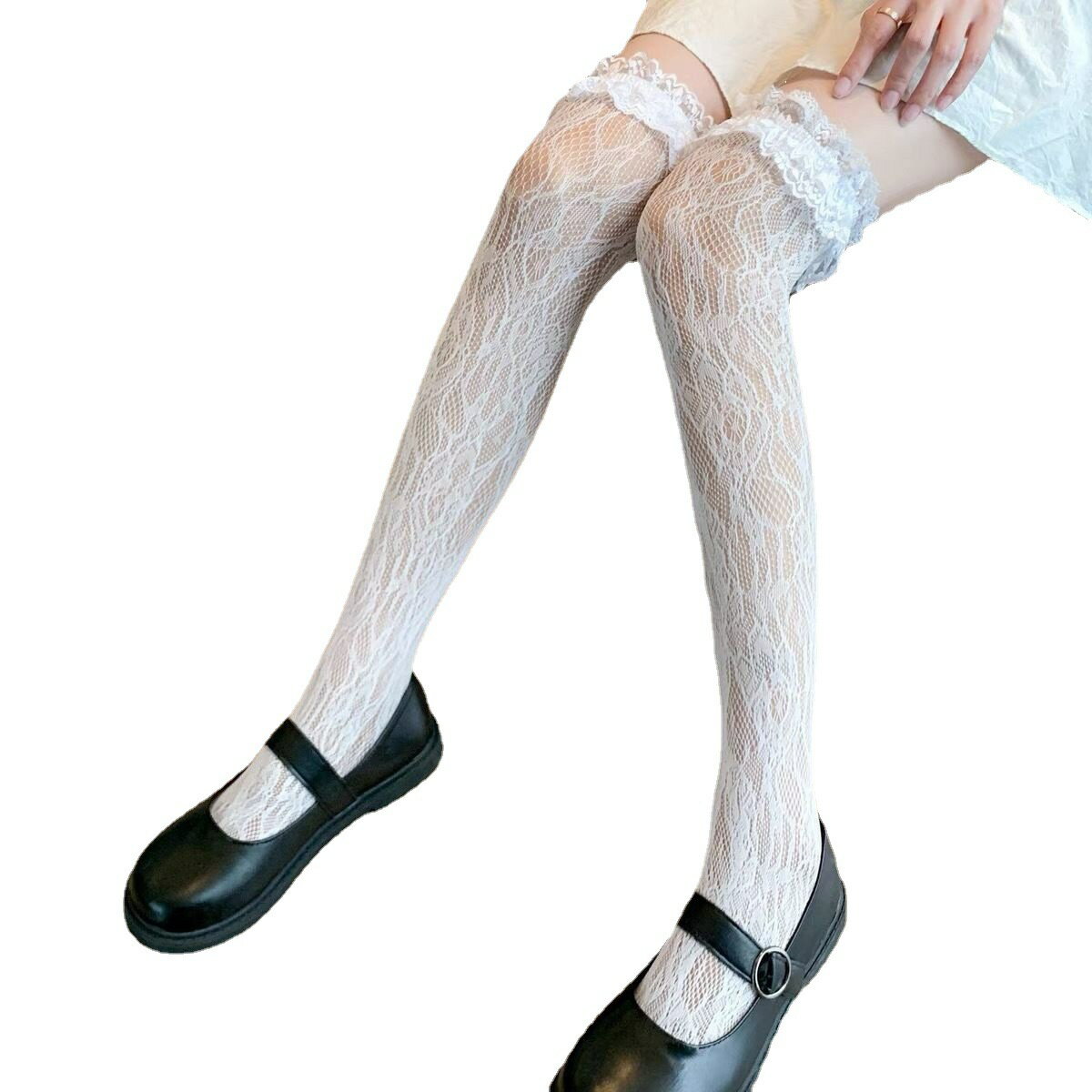 レースフリル ロリータニーソックス|春 花柄 過膝 長筒 半腿 提花 インスタ映え 清楚 可愛い フェミニン コスプレ メイド ゴシック おしゃれ 通学 デート...