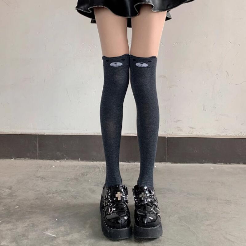 グレー ニーソックス 夏用 薄手 猫柄 過膝 長め|可愛い 女子高生 JK 通学 デート コスプレ おしゃれ インスタ映え プレゼント