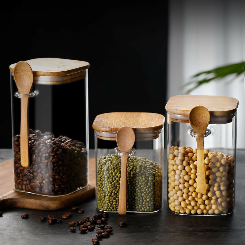 600ml/1000ml/1200ml【竹スプーン付き】高級ガラス密閉保存瓶 コーヒー豆/茶葉/調味料用 重ね収納可能 コーヒー保存容器 密閉瓶 食品保存ガラス 調味料瓶 おしゃれキッチン雑貨 スパイスストッカー 茶葉缶 収納便利 プレゼント
