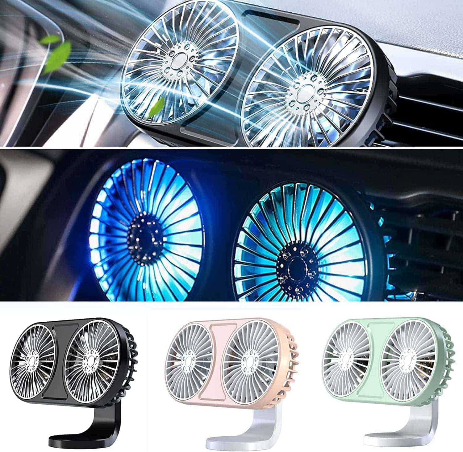 【1台2役】扇風機 USB 強力 車内 扇風機 双頭 車載 180°回転 LEDライト付き 3つ階段風量 車載扇風機 両..