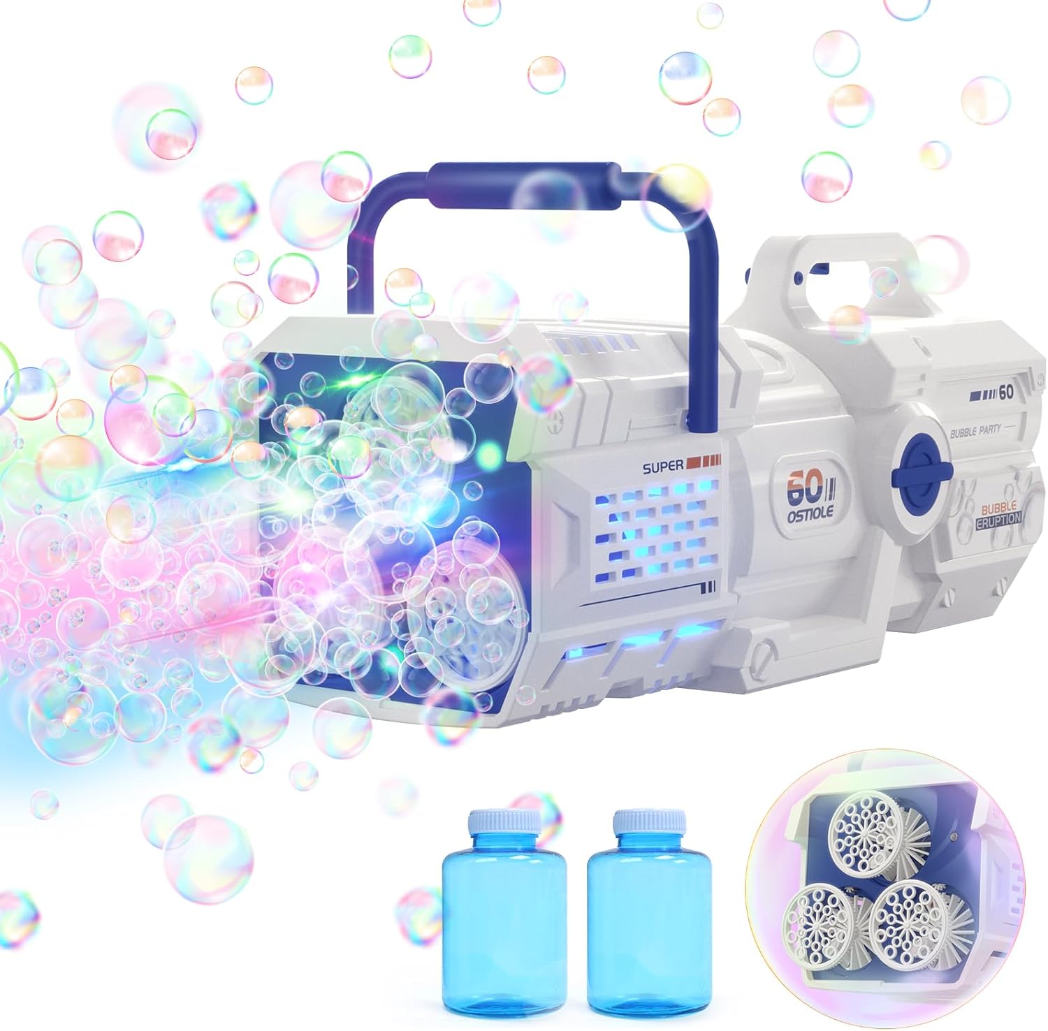 シャボン玉 60泡穴 バブルガン 電動式 2in1遊び方 バブルバズーカ 超大量泡 LED 光る ボトル2瓶 液漏れ防止 バブルマシン シャボン玉製造機 USB...