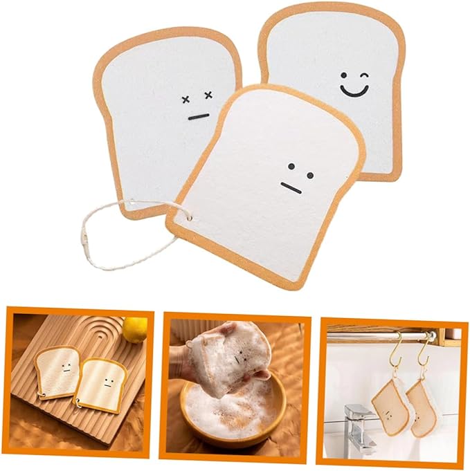 3個 トーストパターン パルプ綿 吸水布 キッチンふきん 再利用可能 食器洗いワイプ スクラブスポンジ 多機能クリーニングスポンジ 食器用スポンジ