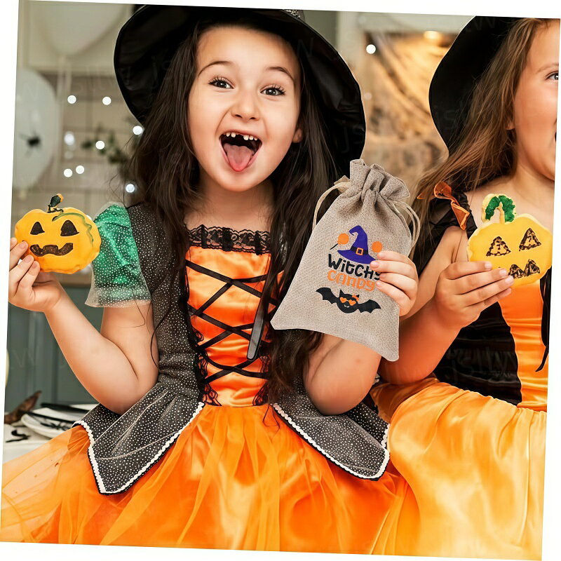 FINTRUEのハロウィン巾着袋 麻布 10/30枚入 5サイズ ハロウィンきんちゃくぶくろ 徳用 景品 雑貨 小物入れ お菓子入れ 子供 キッズ カボチャ 魔女 おばけ お菓子袋 ギフト袋 キャラクター ギフトバッグ ラッピング袋 リネン プレゼント入れ 収納袋 小分け｜アングル2