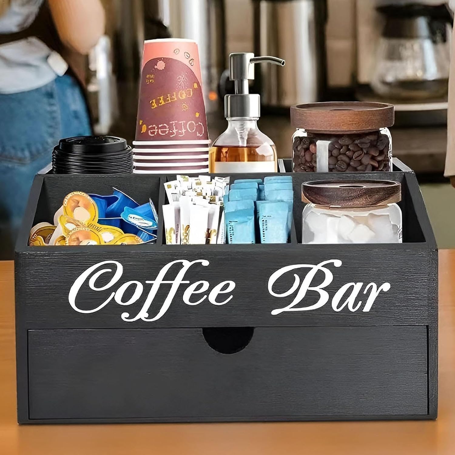 カウンタートップコーヒーバーオーガナイザー　木製コーヒーバーオーガナイザー 　 カウンタートップコーヒーバーアクセサリー 　 素朴なコーヒーバーの装飾コーヒーアクセサリーオーガナイザー　家庭用　コーヒーバー用