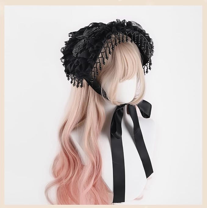 ゴシック調 ブラック レース ボンネット 薔薇装飾付き ビーズフリンジ リボン結び レディース ロリータ ファッション帽子