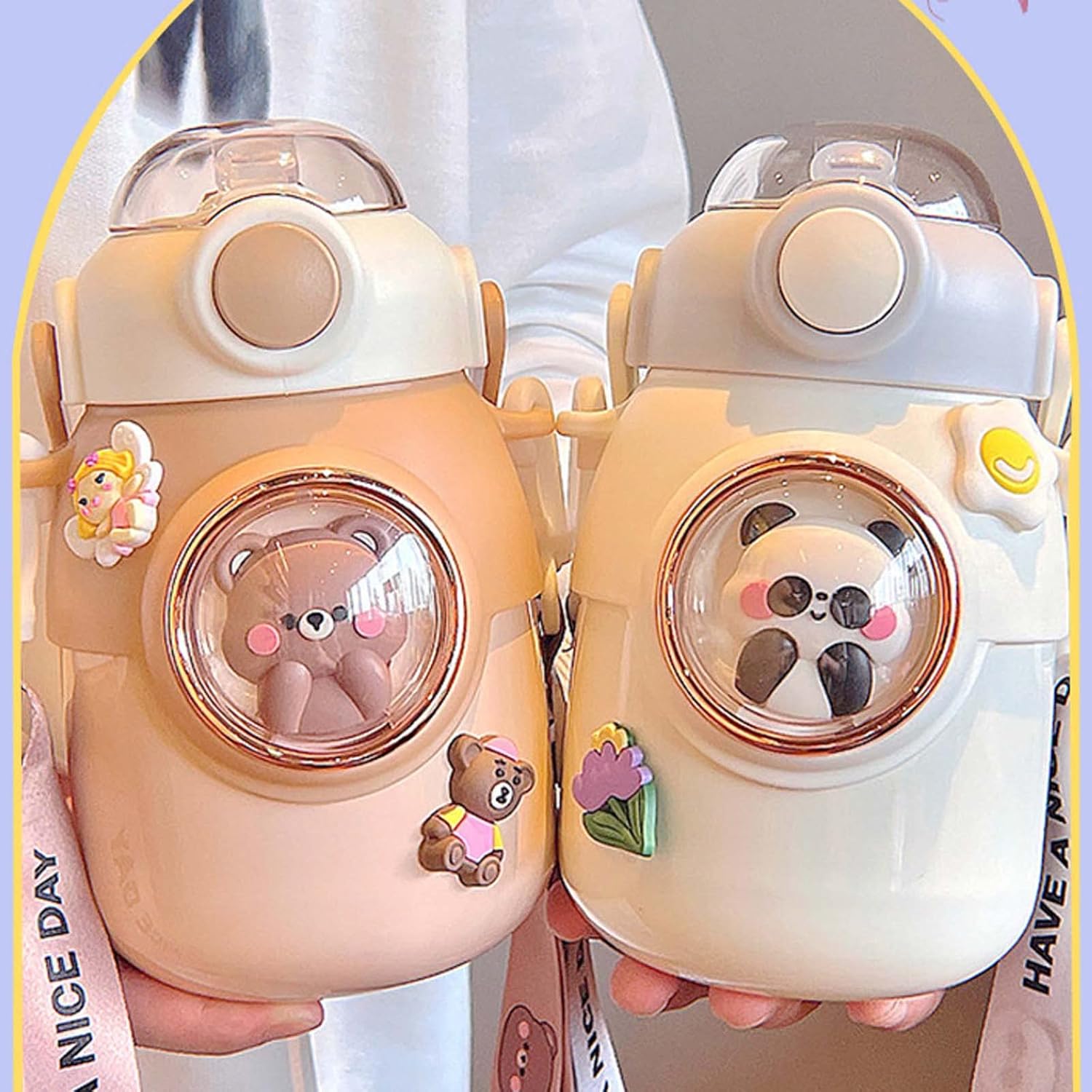 かわいいウォーターボトル かわいい保温保冷カップ 23オンス(700ml)ストロー蓋 立体ステッカー(パター..