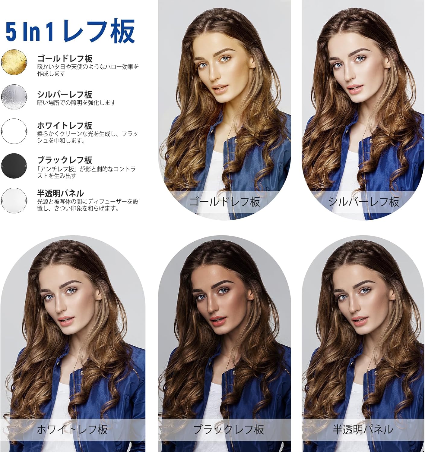 80cm ライトレフ板 ハンドルグリップ付き 5in1折りたたみ式丸型ディフューザー 半...