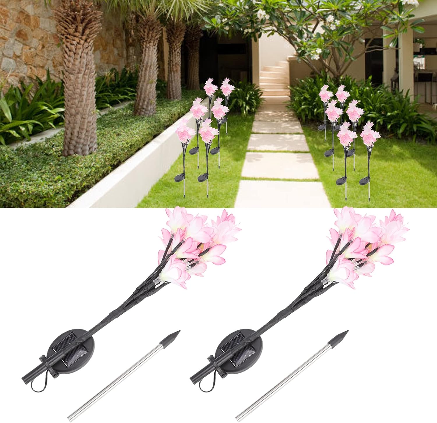 FINTRUEのソーラーライト 屋外装飾 ソーラーライト 埋込型花ライト LEDソーラー ガーデンライト ユニーク 光ファイバーフラワー 2つ照明モード 屋外ソーラーフラワーライト防水 花園 庭 芝生 中庭用 2個セット｜アングル2