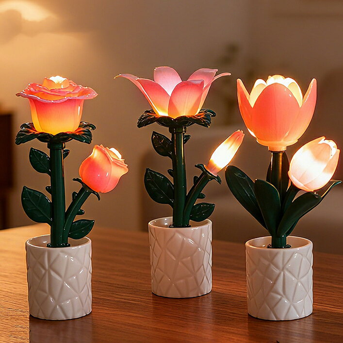 ナイトライト かわいい USB充電式 可愛い おしゃれ フラワーテーブルランプ - ローズ フリージア アン..