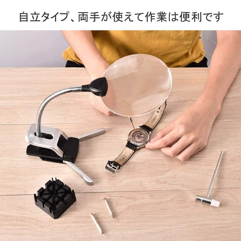 FINTRUEの拡大鏡 スタンドルーペ 虫眼鏡 LEDライト付き 丸形 レンズ径110mm 卓上スタンド クリップ対応 2.5/8X 拡大率 虫眼鏡 ルーペ 360°角度調整可能 読書 新聞 地図 ジュエリー 手芸（電池別売り）｜アングル2