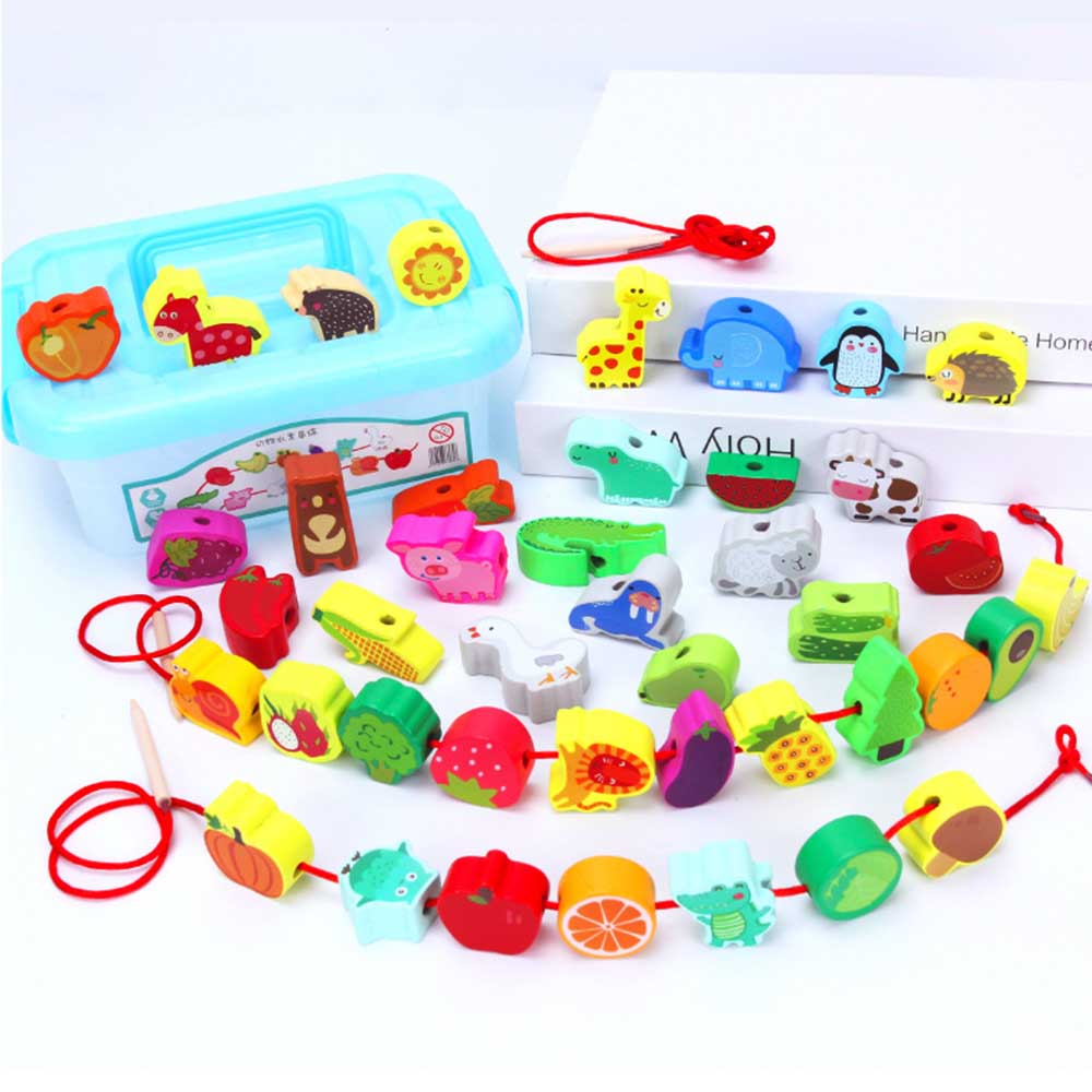 紐通しおもちゃ 42個大容量 ひもとおし 収納ケース付き 指先訓練 絵柄認知 数字認知 英語勉強 バランスゲーム パズル など多機能木製おもちゃリ女の子 男の子おもちゃ 誕生日 クリスマス プレゼント