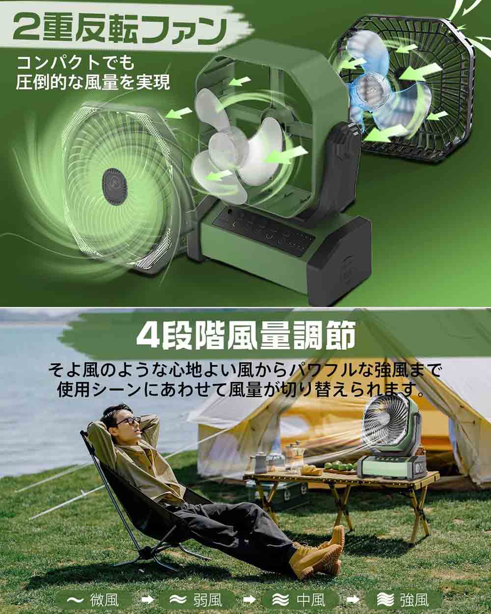 SUMMER SALE ポイント3倍 キャンプ扇風機 アウトドア扇風機 左右自動首振り 充電式 サーキュレーター 2重反転ファン ポータブル リモコン付き タイマー 風量4段階調節 LEDライト 吊り下げ コードレス パワフル送風 最大約50時間連続使用 防災 キャンプ 車中泊 グリーン
