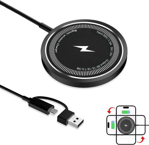 ワイヤレス充電器【2024最新アップグレード版】充電器 磁気ワイヤレス充電器 マグネット式 マグセーフ充電器 無線充電器 Type-C USB-A 急速充電 15W/10W/7.5W 強力磁気吸着 軽量 超薄型 Phone15/14/13/12シリーズ対応 ワイヤレス充電器【2024最新アップグレード版】充電器 磁気ワイヤレス充電器 マグネット式 マグセーフ充電器 無線充電器 Type-C USB-A 急速充電 15W/10W/7.5W 強力磁気吸着 軽量 超薄型 Phone15/14/13/12シリーズ対応