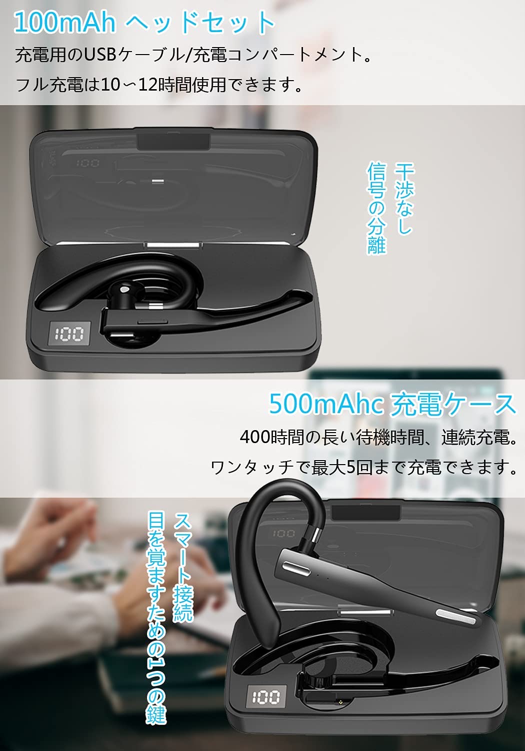 2024 業界超軽量設計 Bluetooth5.2技術 ヘッドセット 耳掛け式 片耳ワイヤレス マイク CVC8.0ノイズキャンセリング 10時間連続使用 左右耳兼用 無痛装着 HiFi音質 超軽量 自動ペアリング 運転/電話会議/在宅勤務仕事などに適用 片耳 ケース付き 2