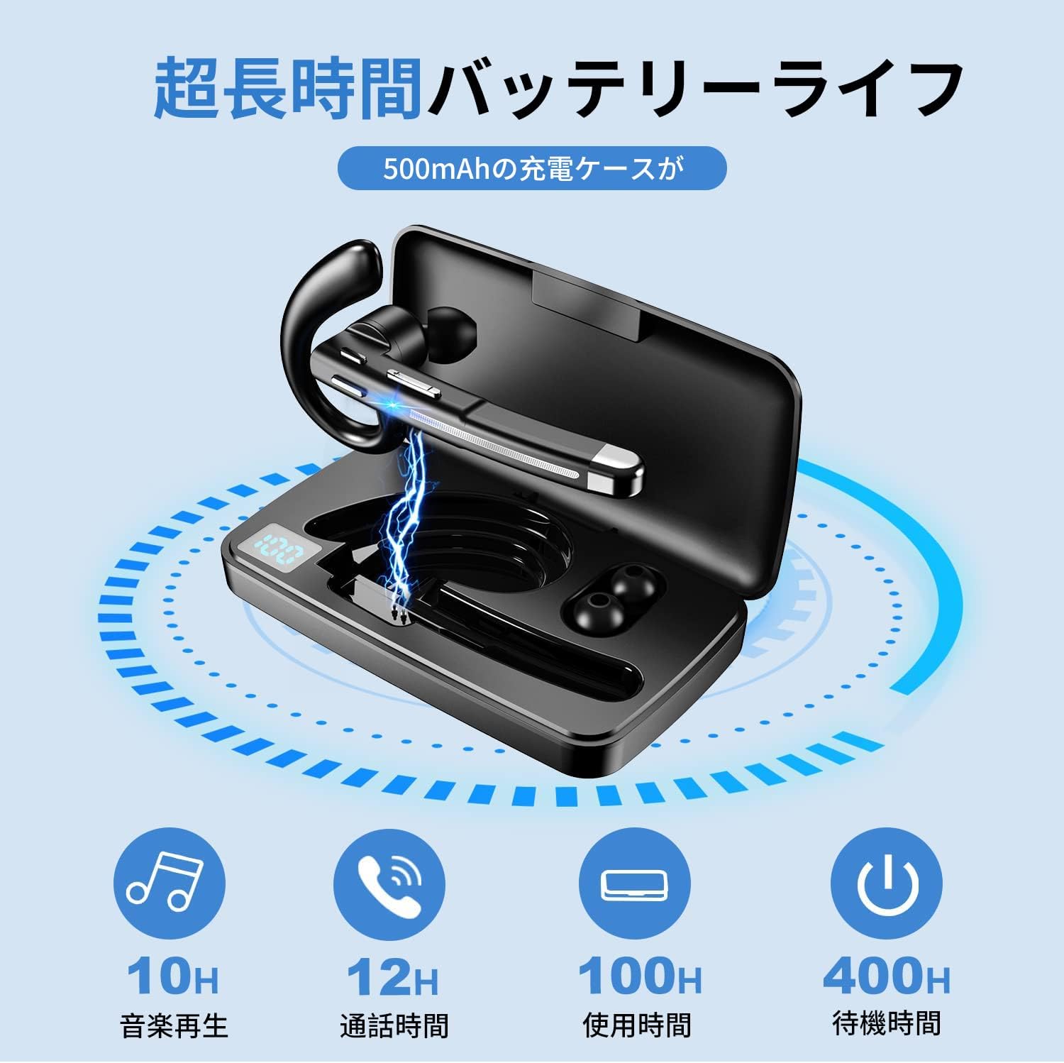 【2024新登場】 イヤホンマイク Bluetooth イヤホン 超長時間連続使用 ワイヤレスイヤホン 耳掛け型 500mAh充電ケース付 残量ディスプレイ ハンズフリー イヤホン ヘッドセット CVC8.0ノイズキャンセリング 片耳ヘッドセット 左右耳兼用 ハンズフリー通話 マイク内蔵
