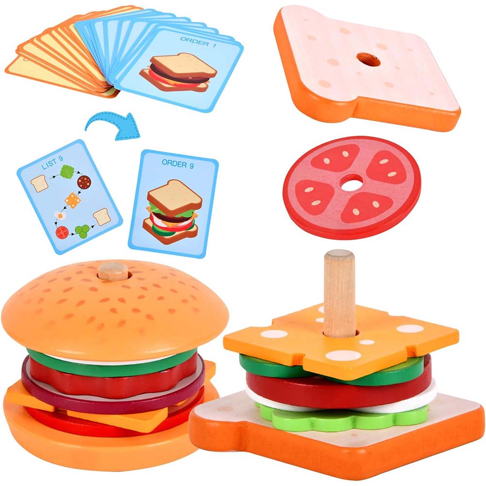 【ポイント10倍！】2個セット 木製おもちゃ 木製パズル 棒通し 棒通しおもちゃ リング通し 型はめパズル サンドイッチ ハンバーガー ごっこ遊び おままごと おもちゃ クリスマス プレゼント 社会性 言語力 想像力育ち ごっこ遊び 4歳以上の子供が遊ぶのに適しています