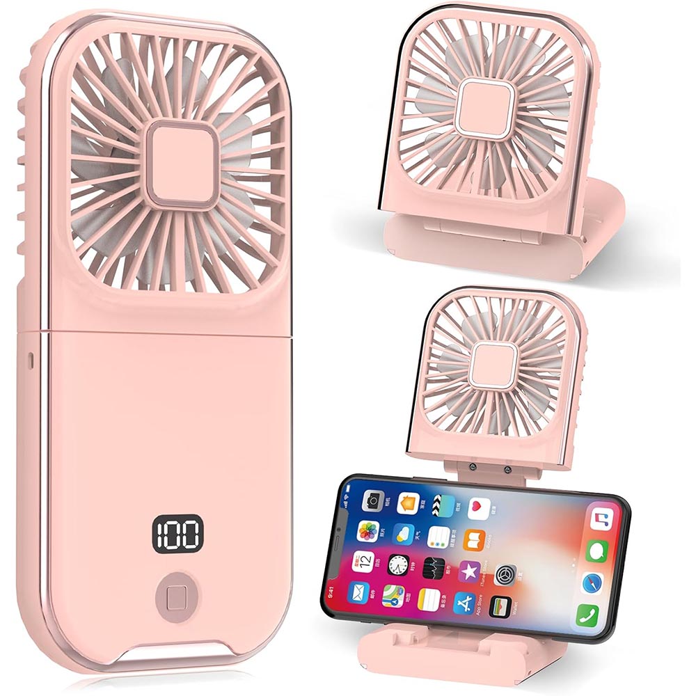 【ポイント10倍！】ハンディファン 携帯扇風機 首掛け 手持ち 卓上 スマホスタンド 折り畳み式 ハンディ扇風機 超薄型 静音 5段階風量 強力送風 USB充電式 3000mAh大容量 LEDディスプレイ 暑さ対策 アウトドア/スポーツ観戦/オフィス/キャンプなどに適用 ピンク
