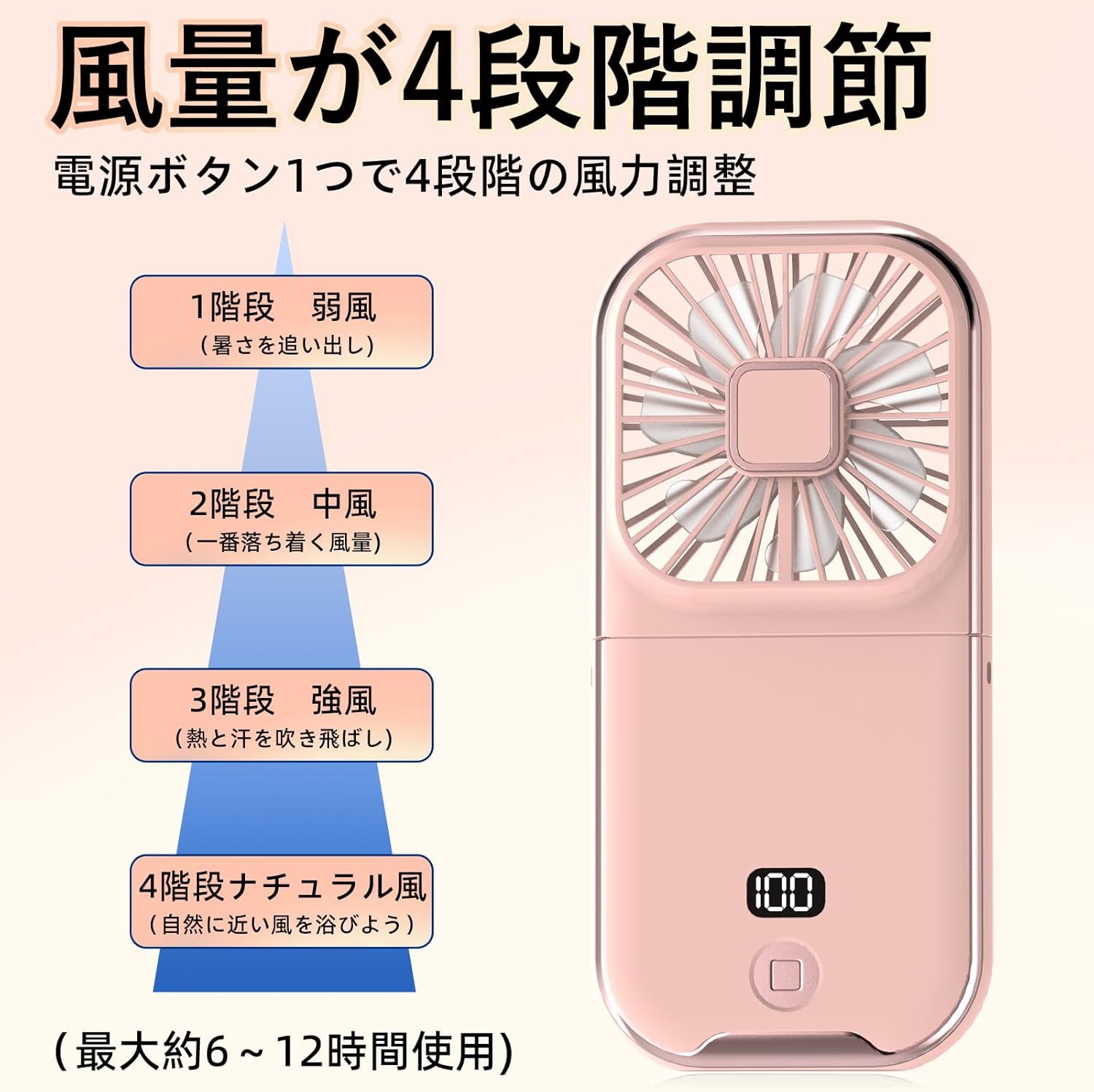 【ポイント10倍！】ハンディファン 携帯扇風機 首掛け 手持ち 卓上 スマホスタンド 折り畳み式 ハンディ扇風機 超薄型 静音 5段階風量 強力送風 USB充電式 3000mAh大容量 LEDディスプレイ 暑さ対策 アウトドア/スポーツ観戦/オフィス/キャンプなどに適用 ピンク 3