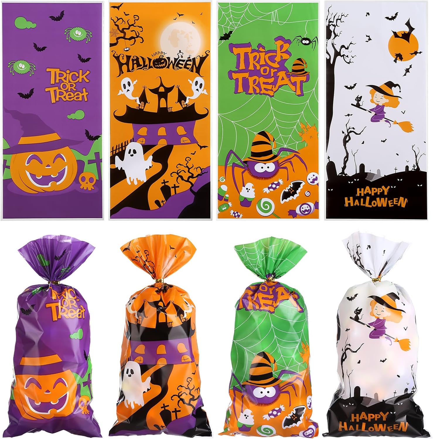 【ポイント10倍！】50枚 ハロウィン お菓子袋 100枚 200枚 ラッピング 袋 小分け プチギフト キャンディ チョコレート 包装 配る用 バッグ 大量 景品 プレゼント らっぴんぐ ふくろ ギフトバッグ お菓子入れ物 【4柄 100枚入り】