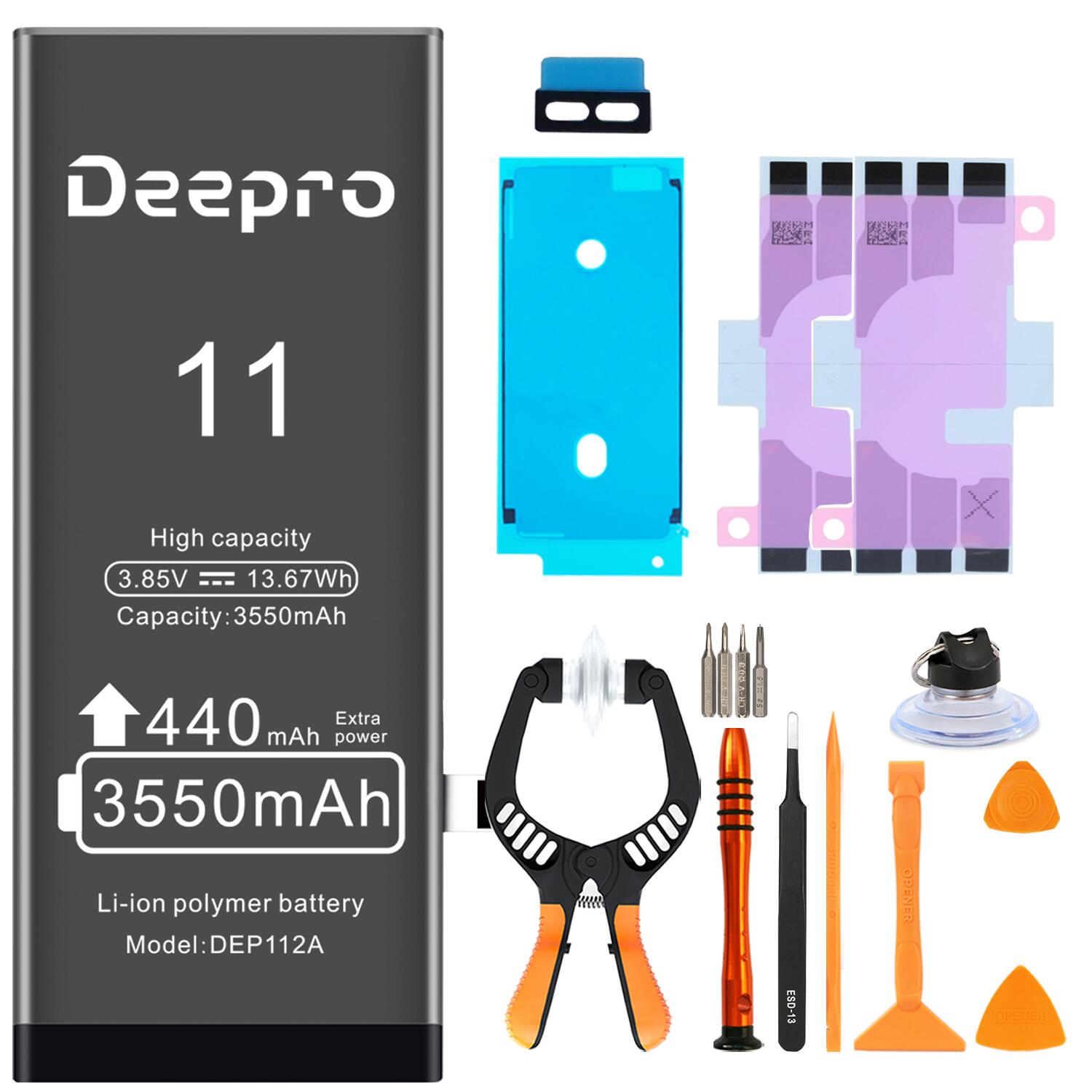 Deepro for iPhone 11 バッテリー キット 大容量 3550mAh 3.82v 互換 電池パック　PSE認証済 固定両面テープ ディスプレイ接着剤 スピ..