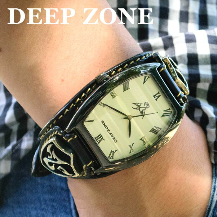 [Deep zone] 腕時計 ブレスウォッチ イタリアンレザー Deep Zone トノーフェイス ホワイトフェイス ブラックベルト ロゴコンチョ 専用ボックス付き #614-13 ◆ 本革 皮 イタリアンレザー ホワイトメタル 鞄 休日 彼氏 父親 プレゼント ギフト メンズウォッチ ◆