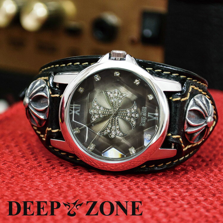 腕時計 メンズ ジルコニアクロス 文字盤 イタリアン レザー ベルト リリィコンチョ 国産ムーヴメント DEEP ZONE