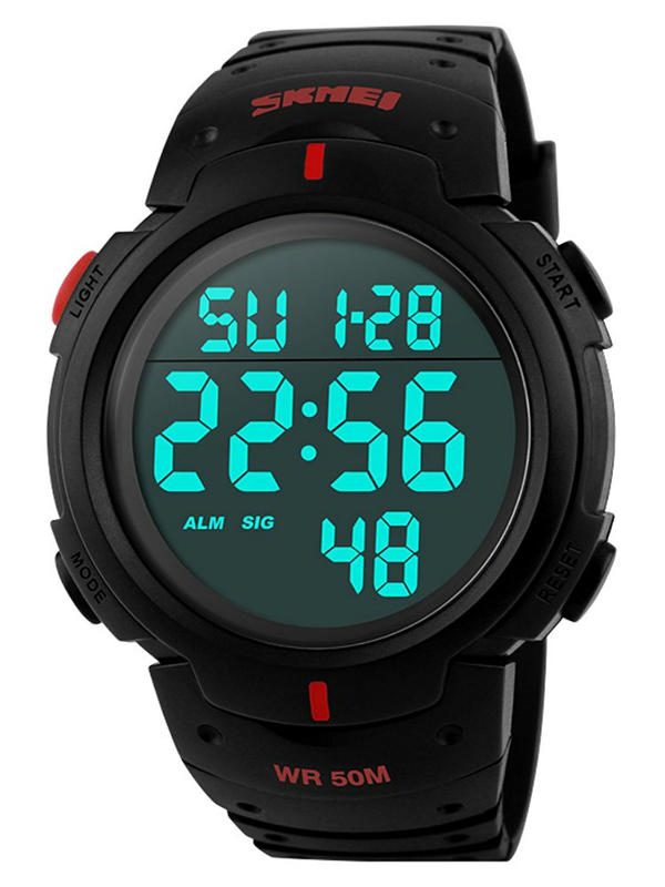 腕時計 SKMEI メンズ 大きい文字盤 5気圧防水 デジタル表示 LEDライト プラスチックベルト ブラック レッド
