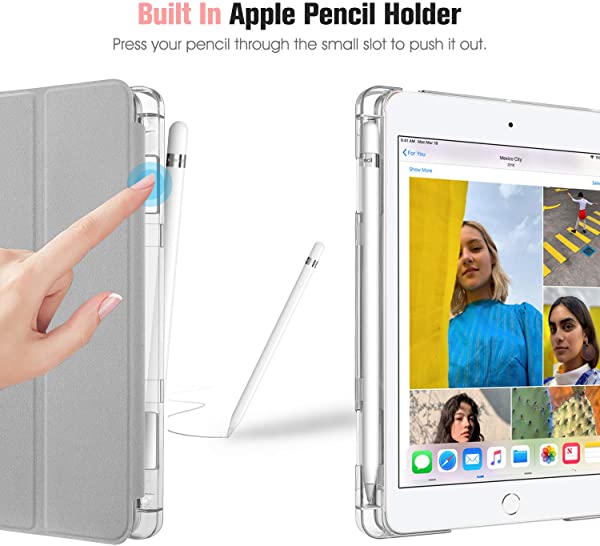 iPad Mini 5 2019 ケース クリア 半透明 バックカバーApple Pencil 収納可能 ペンホルダー付き 超薄 軽量 スタンド オートスリー...