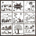 9枚セット描画テンプレート ステンシルシート プレート風景 子供 手帳用 製図用 絵画テンプレート 描画ツール 絵描き道具 塗り絵 DIYアルバム 絵図 手帳用...