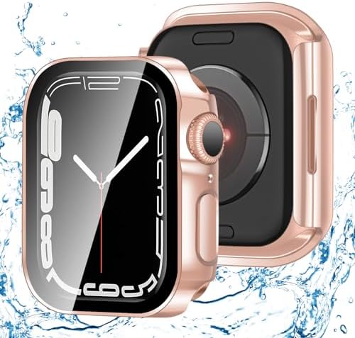  アップルウォッチ カバー ケース 44mm 対応 ケース PC+ガラス,電気めっきの光沢 一体型 AppleWatch 保護 ケース 対応 アップルウォッチ9/8/7 Apple Watch 9/8/7 (41mm,防水のローズゴールド) 送料無料