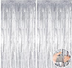 タッセルカーテン 2個セット 100cm 200cm キラキラ フリンジカーテン 背景 明るい光沢 誕生日 結婚式 忘年会 パーティー 装飾 華やかな金属感 お部屋の装飾 小道具 (シルバー) 送料無料