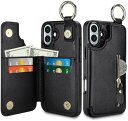 iPhone 16 ケース カード 収納 背面 カード入れ 手帳型 耐衝撃 PUレザー カバー 落下防止 指紋防止 滑り止め 擦り傷防止 画面レンズ保護 携帯ケース スマホケース 財布型 6.1インチ ブラック