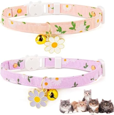 猫 首輪 2個セット 猫 首輪 セーフティバックル 鈴付き デイジー柄 安全留め具 かわいいネックレス 猫の首輪 小動物 小型犬用 超軽量 S 安全 調節可能 ...