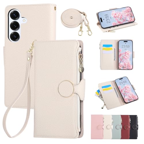 Rakuten - Galaxy S25 / Galaxy S24 ケース 手帳型 ショルダー 財布型カバー おしゃれ ファスナー型 小銭入れ カード収納 手首 肩掛け ストラップ付 マグネット式 スタンド機能 手帳型ケース 可愛い シンプル 女性 人気 スマホケース 肌触り良い 全面保護 ホワイト ...