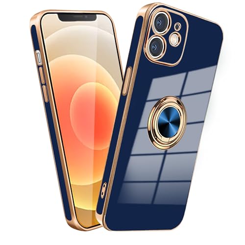 iPhone 12 ケース リング 耐衝撃 iPhone12 リング付き スマホケース TPU 車載ホルダー ストラップホール付き メッキ加工 カバー ネイビーブルー 送料無料