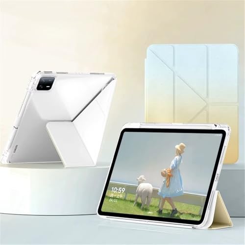 Rakuten - iPad 第9世代 8世代 7世代 10.2インチ ケース 三つ折り 変形 5種スタンド機能 iPad 10.2 / iPad Air3 Pro10.5 ケース 薄型 軽量 おしゃれ グラデーション Apple Pencil 収納 背面 透明カバー 折り畳み，ブルー黄
