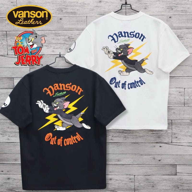 【送料無料】メンズ トムとジェリー VANSON バンソン コラボ 半袖 Tシャツ 半袖Tシャツ ティーシャツ バック 刺繍 胸刺繍 TOM&JERRY トムジェリ 追いかけっこ 雷 カミナリ 稲妻 レディース ユニセックス 白 ホワイト 黒 ブラック