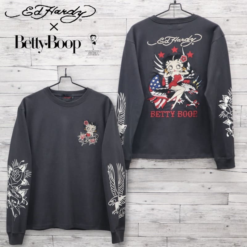 Rakuten - 【送料無料】メンズ Ed Hardy BETTY BOOP エドハーディー ベティーブープ コラボ 長袖 Tシャツ 長袖Tシャツ ティーシャツ ロンT ベティ ベティー 刺繍 プリント ユニセックス レディース 黒 ブラック