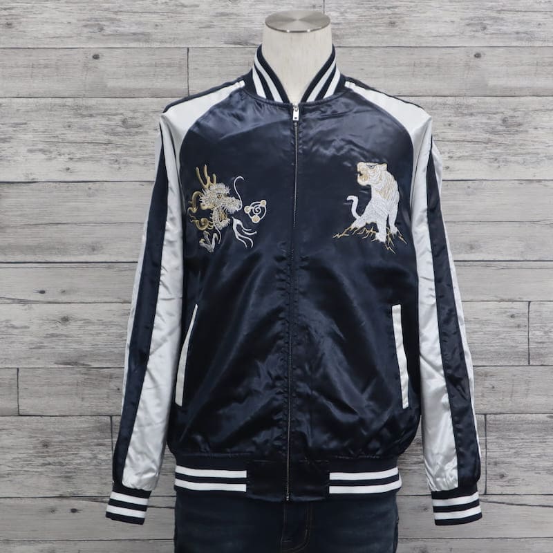 【送料無料】大きいサイズ メンズ スカジャン 3L 4L 5L 銀狼 狼 シルバー ウルフ グリーン 緑 和柄 ブルゾン アウター MA-1 金 ゴールド アメカジ 和柄 和風 日本 桜 満月 刺繍 ジャンパー スーベニア ジャケット Japanesesouvenir 一心如鏡 東洋 横須賀