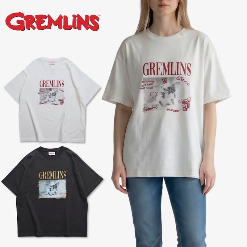 【送料無料】メンズ グレムリン ギズモ 半袖 Tシャツ ティーシャツ 半袖Tシャツ 刺繍 フォトプリント 映画 キャラクター グッズ レディース ユニセックス オーバーサイズ ワイドシルエット 白 ホワイト チャコール グレー