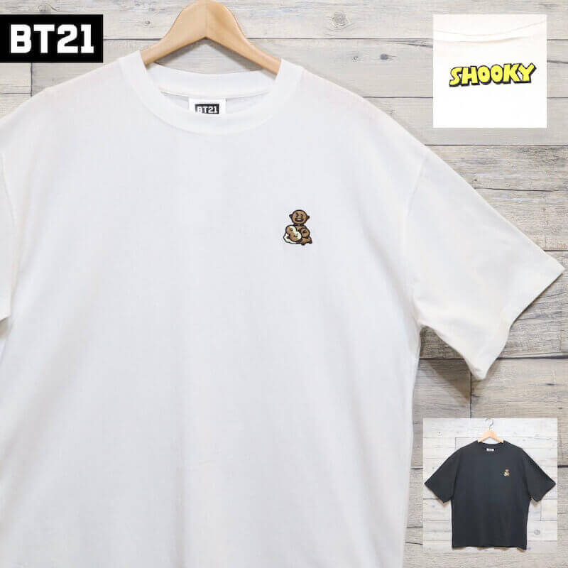 【送料無料】BT21 BTS ワンポイント 刺繍 半袖 Tシャツ 半袖Tシャツ SHOOKY シューキー SUGA シュガ 公式 グッズ LINE キャラクター レディース メンズ ユニセックス 白 ホワイト 黒 ブラック